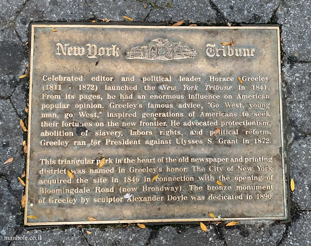New York - A memorial plaque to Horace Greeley and the New York Tribune